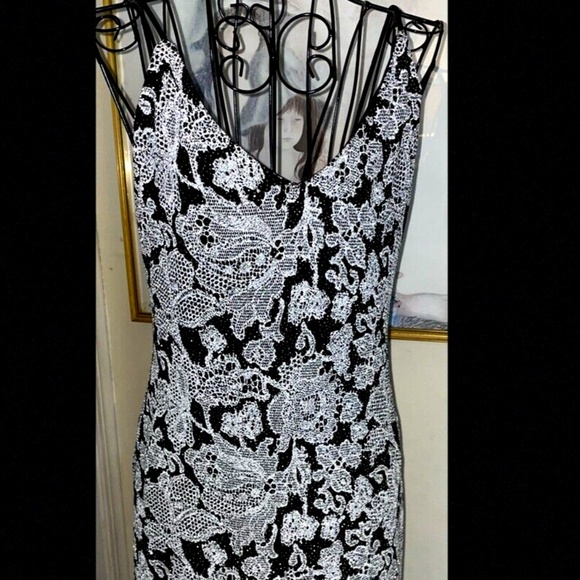 ARIANNA BY RACHEL KAYE SILVER/BLACK FLORAL LACE FULL LENGTH DRESS~STRETCH~10 - Picture 2 of 6